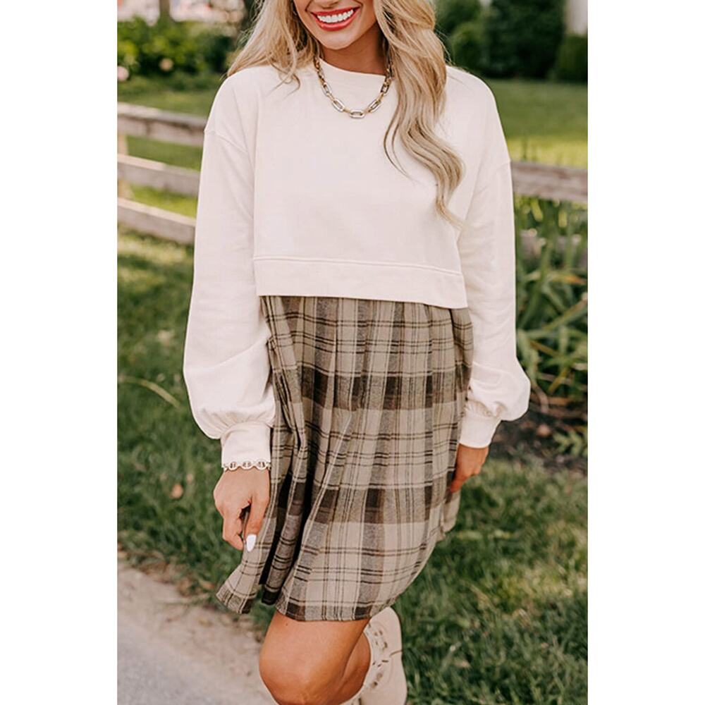 Beige Plaid Patchwork High Waist Sweatshirt Mini Dress